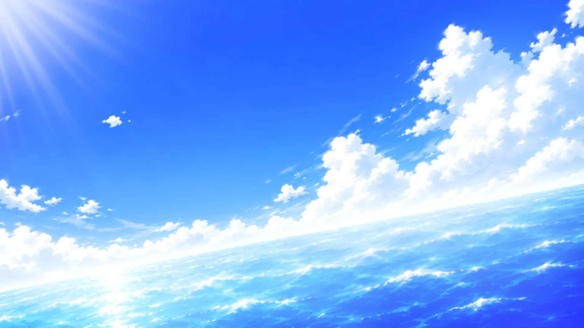 横長に広げて仕上げた背景。左上から差す日の光、右に連なる入道雲、手前に広がる海